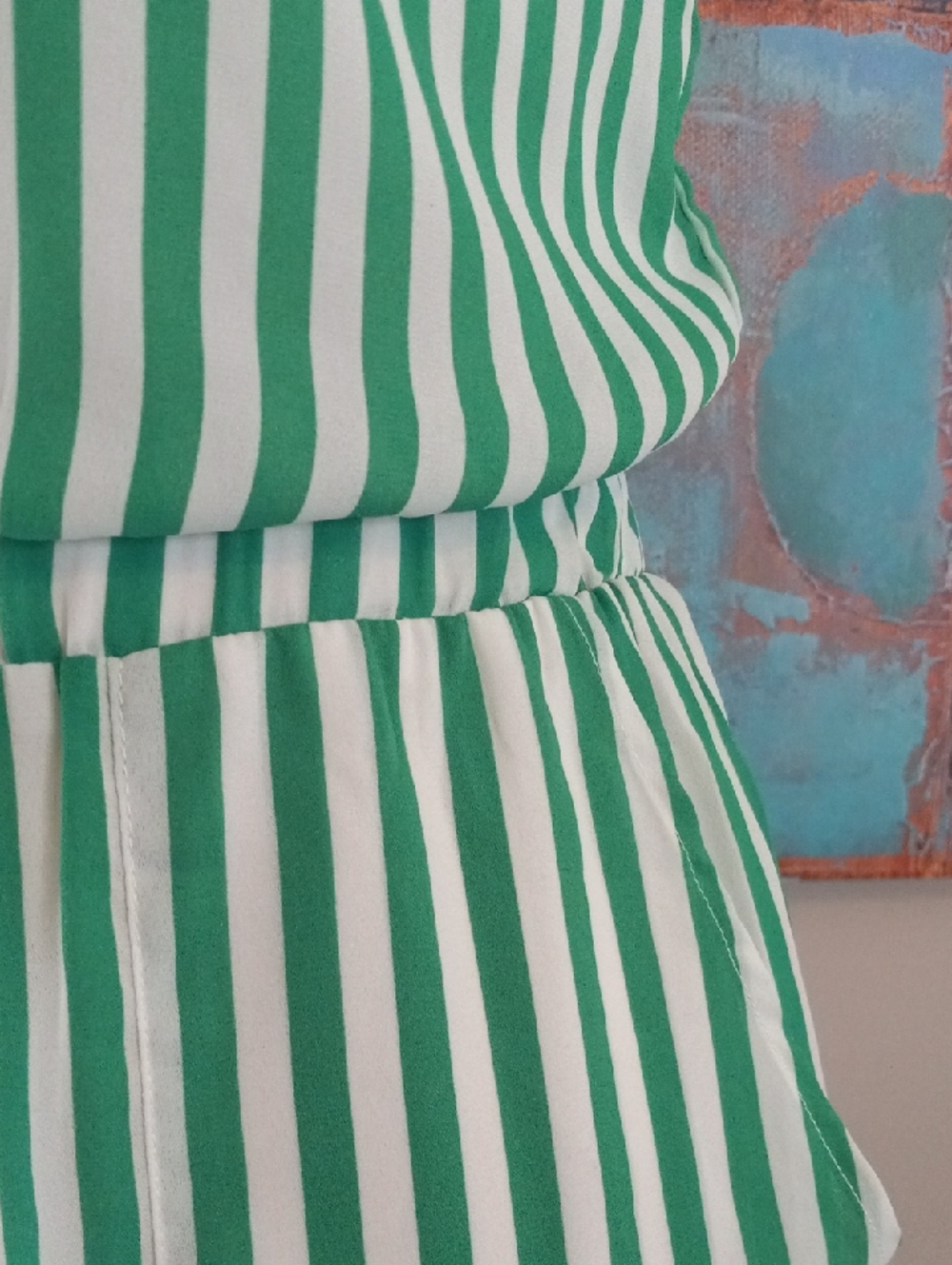 Tiana B. Wide Leg Green and White Vertical Stripe Sleeveless Jumpsuit Romper - Picture 6 of 16